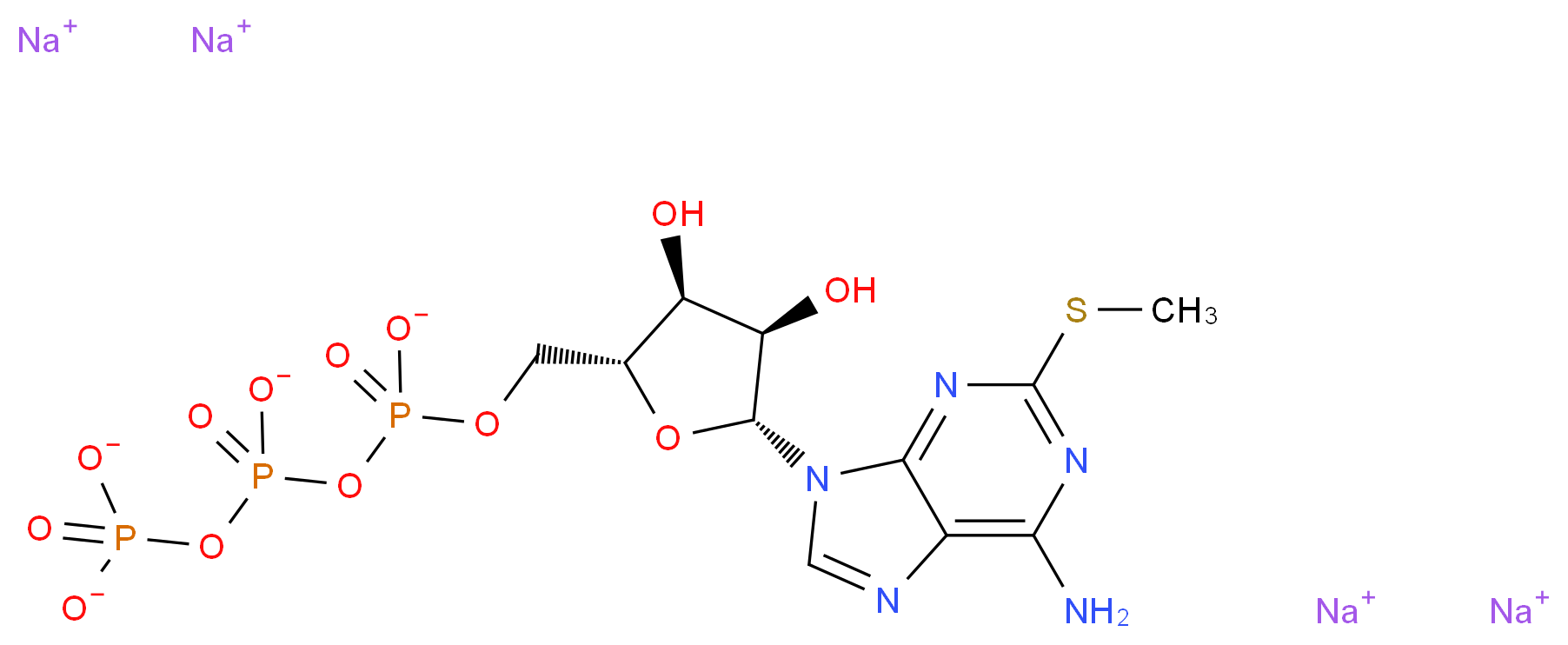 tetrasodium ({[(2R,3S,4R,5R)-5-[6-amino-2-(methylsulfanyl)-9H-purin-9-yl]-3,4-dihydroxyoxolan-2-yl]methyl phosphonato}oxy)(phosphonatooxy)phosphinate_分子结构_CAS_43170-89-4