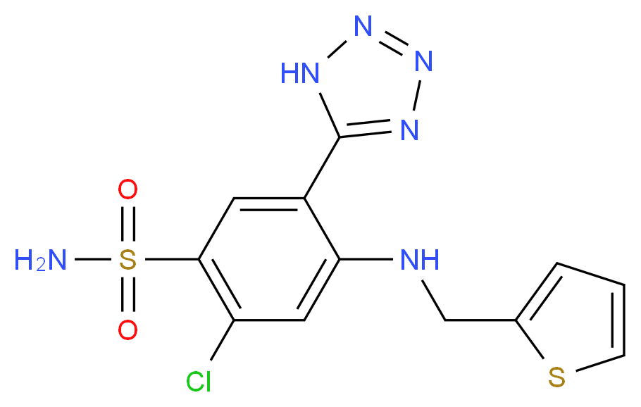 2-chloro-5-(1H-1,2,3,4-tetrazol-5-yl)-4-[(thiophen-2-ylmethyl)amino]benzene-1-sulfonamide_分子结构_CAS_27589-33-9