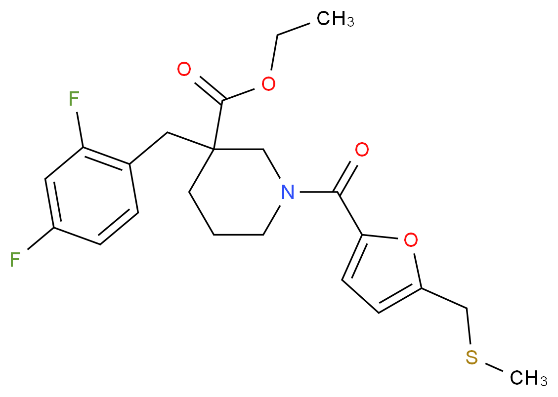 ethyl 3-(2,4-difluorobenzyl)-1-{5-[(methylthio)methyl]-2-furoyl}-3-piperidinecarboxylate_分子结构_CAS_)