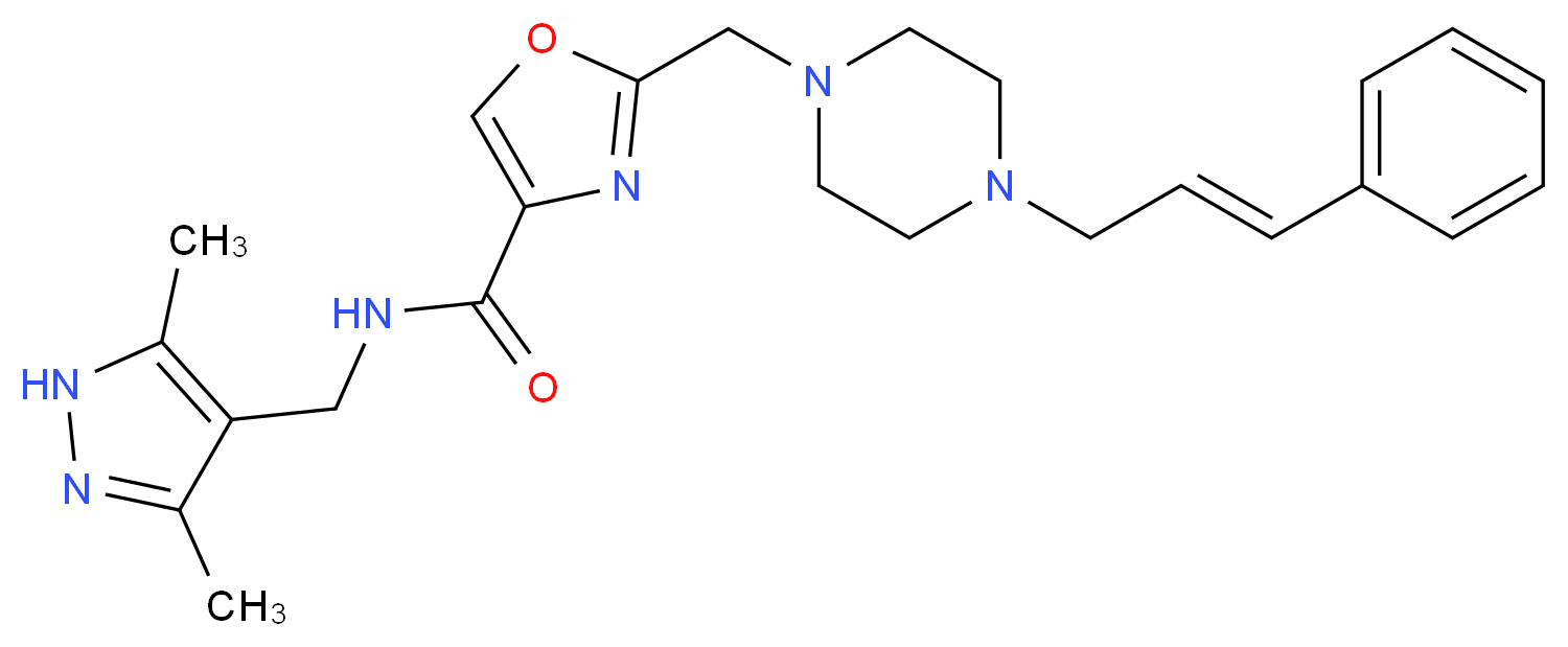 N-[(3,5-dimethyl-1H-pyrazol-4-yl)methyl]-2-({4-[(2E)-3-phenyl-2-propen-1-yl]-1-piperazinyl}methyl)-1,3-oxazole-4-carboxamide_分子结构_CAS_)