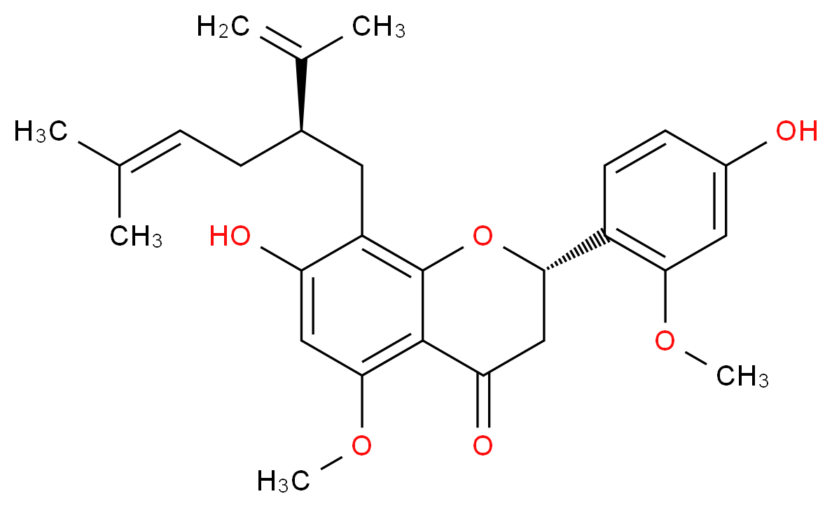 (2S)-7-hydroxy-2-(4-hydroxy-2-methoxyphenyl)-5-methoxy-8-[(2R)-5-methyl-2-(prop-1-en-2-yl)hex-4-en-1-yl]-3,4-dihydro-2H-1-benzopyran-4-one_分子结构_CAS_270249-38-2