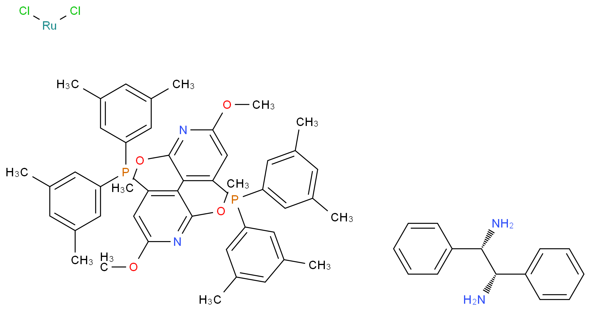 (1S,2S)-1,2-diphenylethane-1,2-diamine; 4-[bis(3,5-dimethylphenyl)phosphanyl]-3-{4-[bis(3,5-dimethylphenyl)phosphanyl]-2,6-dimethoxypyridin-3-yl}-2,6-dimethoxypyridine; dichlororuthenium_分子结构_CAS_821793-37-7