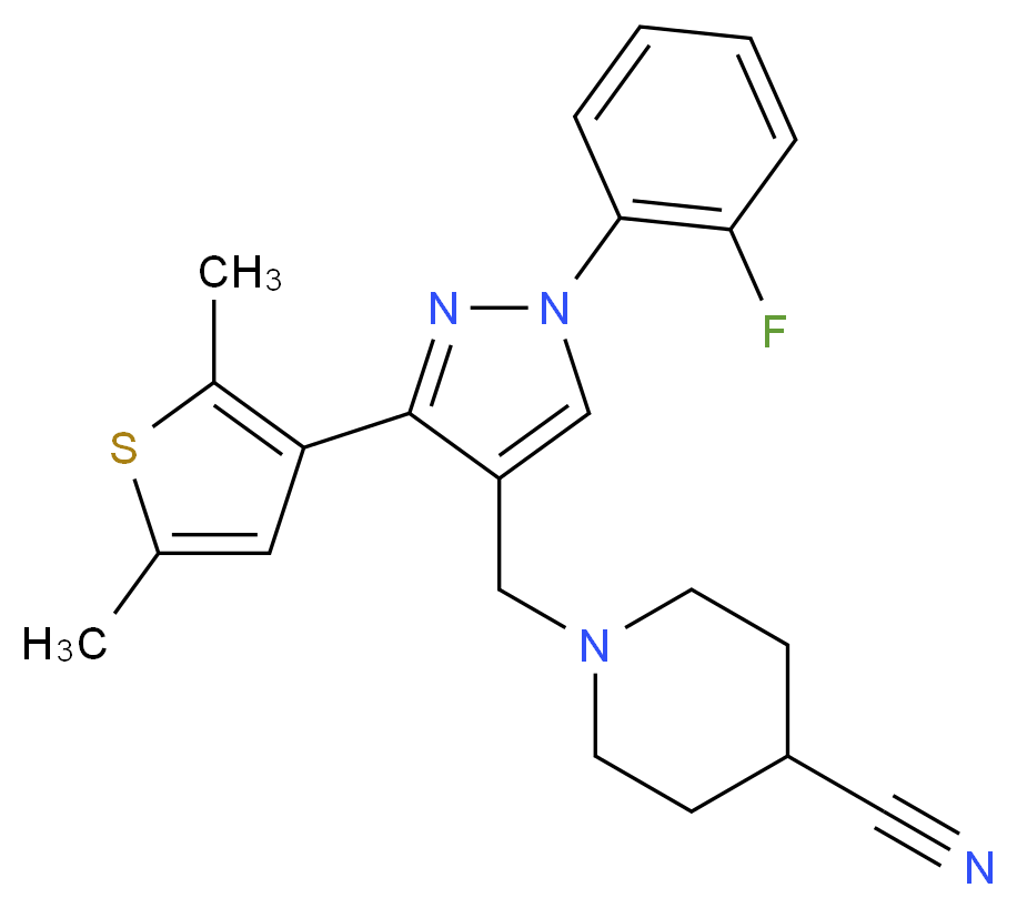 1-{[3-(2,5-dimethyl-3-thienyl)-1-(2-fluorophenyl)-1H-pyrazol-4-yl]methyl}-4-piperidinecarbonitrile_分子结构_CAS_)