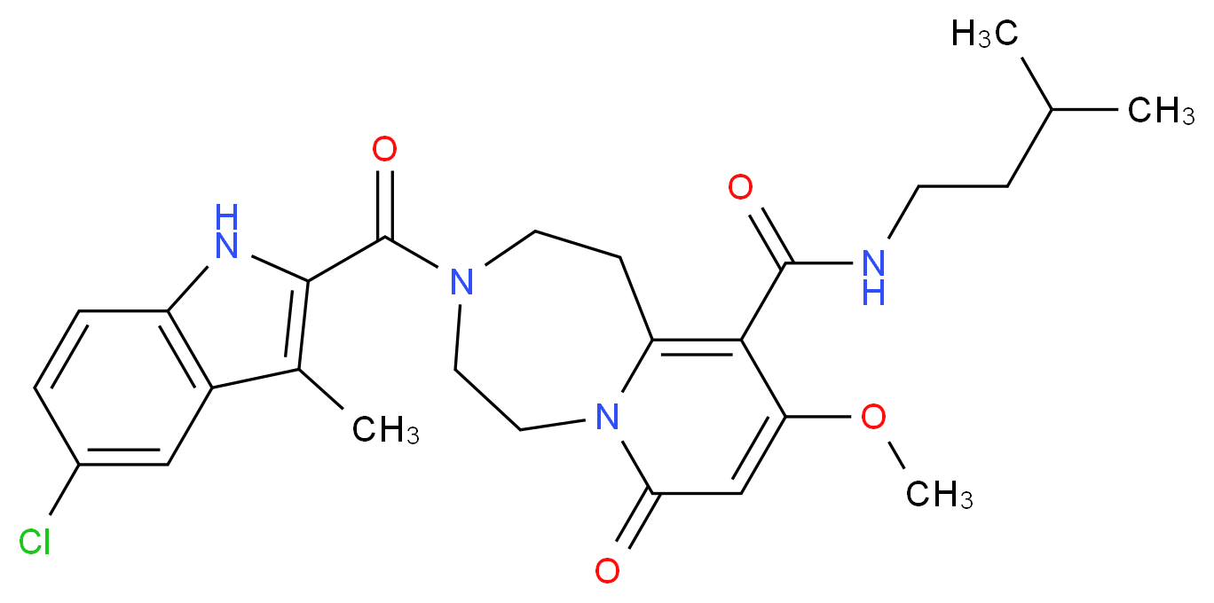 3-[(5-chloro-3-methyl-1H-indol-2-yl)carbonyl]-9-methoxy-N-(3-methylbutyl)-7-oxo-1,2,3,4,5,7-hexahydropyrido[1,2-d][1,4]diazepine-10-carboxamide_分子结构_CAS_)