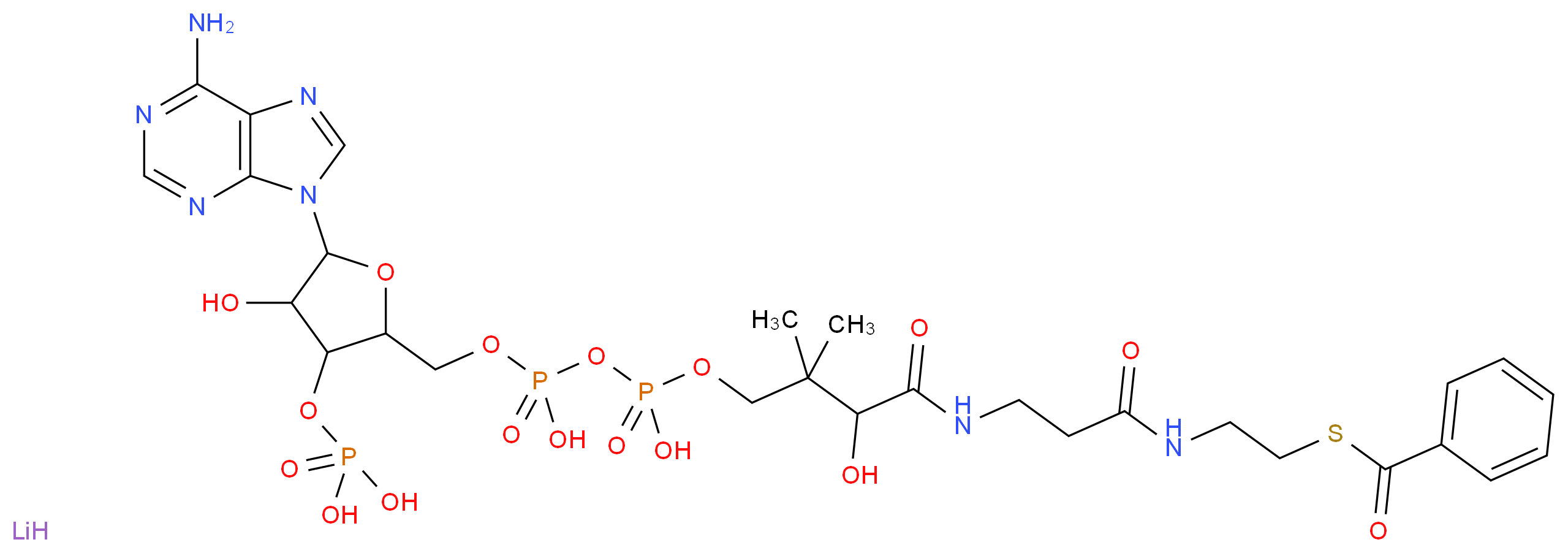 {[5-(6-amino-9H-purin-9-yl)-2-[({[({3-[(2-{[2-(benzoylsulfanyl)ethyl]carbamoyl}ethyl)carbamoyl]-3-hydroxy-2,2-dimethylpropoxy}(hydroxy)phosphoryl)oxy](hydroxy)phosphoryl}oxy)methyl]-4-hydroxyoxolan-3-yl]oxy}phosphonic acid lithium_分子结构_CAS_102185-37-5