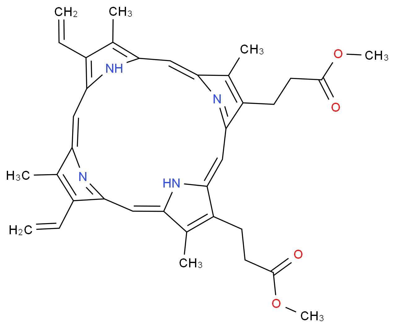 methyl 3-[9,14-diethenyl-20-(3-methoxy-3-oxopropyl)-5,10,15,19-tetramethyl-21,22,23,24-tetraazapentacyclo[16.2.1.1^{3,6}.1^{8,11}.1^{13,16}]tetracosa-1(21),2,4,6,8(23),9,11,13,15,17,19-undecaen-4-yl]propanoate_分子结构_CAS_5522-66-7