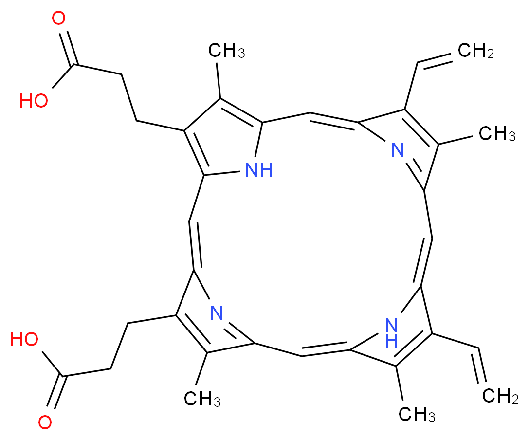 3-[20-(2-carboxyethyl)-9,14-diethenyl-5,10,15,19-tetramethyl-21,22,23,24-tetraazapentacyclo[16.2.1.1<sup>3</sup>,<sup>6</sup>.1<sup>8</sup>,<sup>1</sup><sup>1</sup>.1<sup>1</sup><sup>3</sup>,<sup>1</sup><sup>6</sup>]tetracosa-1,3,5,7,9,11(23),12,14,16,18(21),19-undecaen-4-yl]propanoic acid_分子结构_CAS_553-12-8