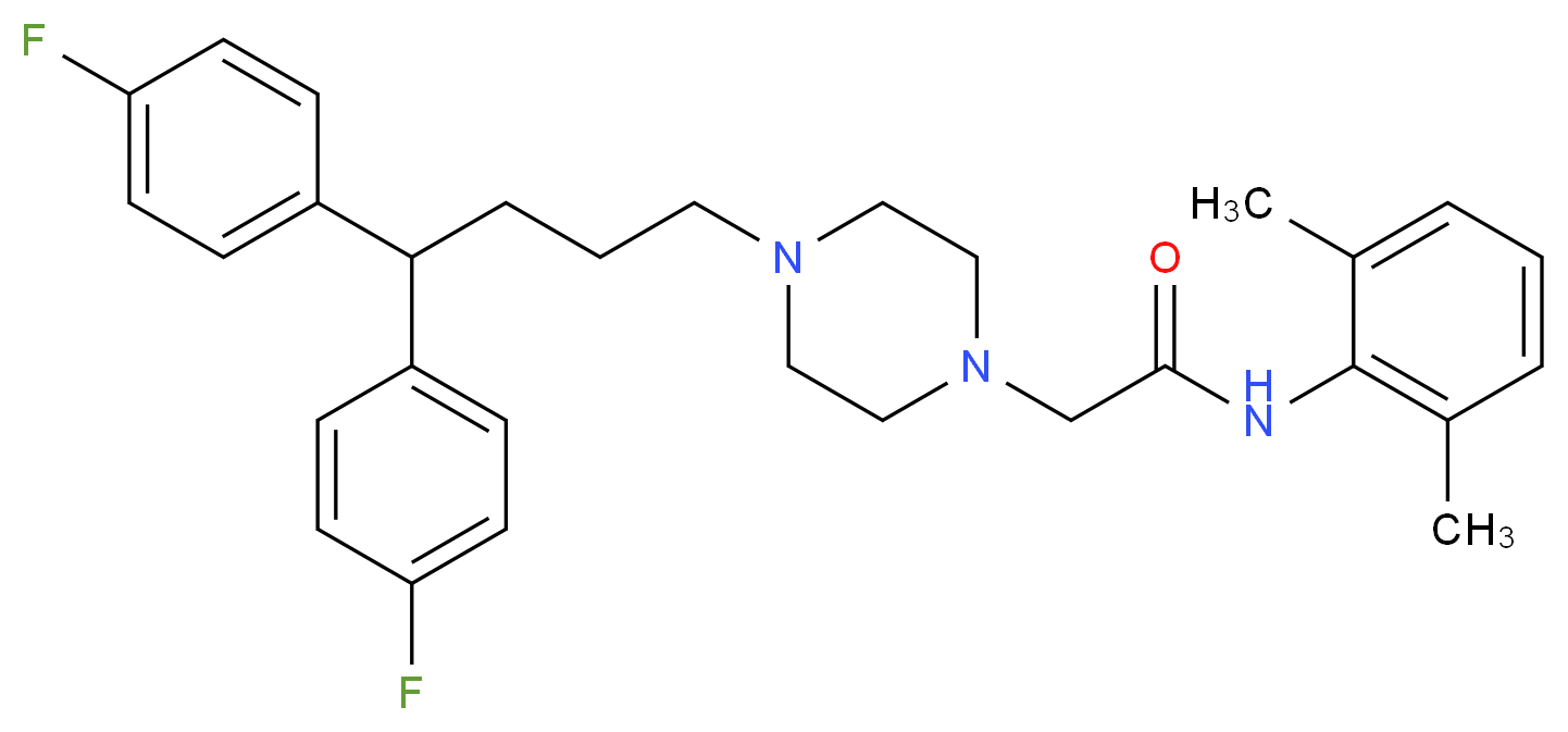 2-{4-[4,4-bis(4-fluorophenyl)butyl]piperazin-1-yl}-N-(2,6-dimethylphenyl)acetamide_分子结构_CAS_3416-26-0