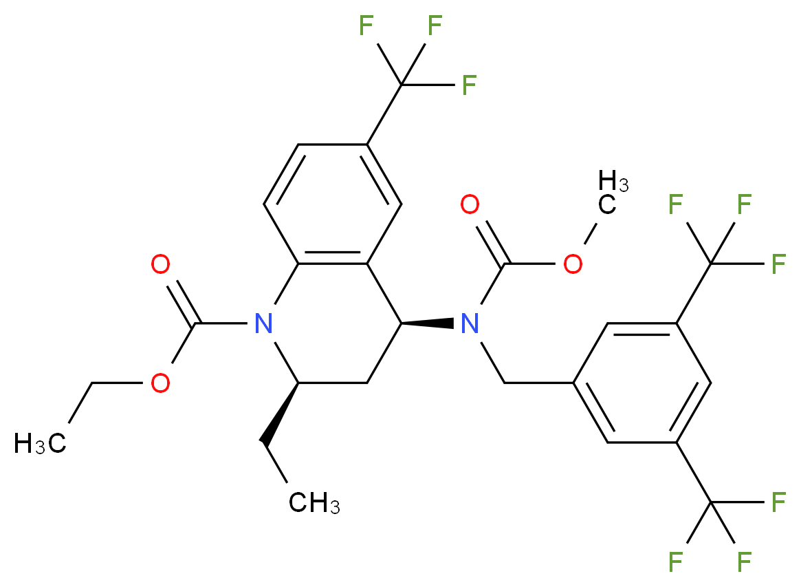 ethyl (2R,4S)-4-({[3,5-bis(trifluoromethyl)phenyl]methyl}(methoxycarbonyl)amino)-2-ethyl-6-(trifluoromethyl)-1,2,3,4-tetrahydroquinoline-1-carboxylate_分子结构_CAS_262352-17-0