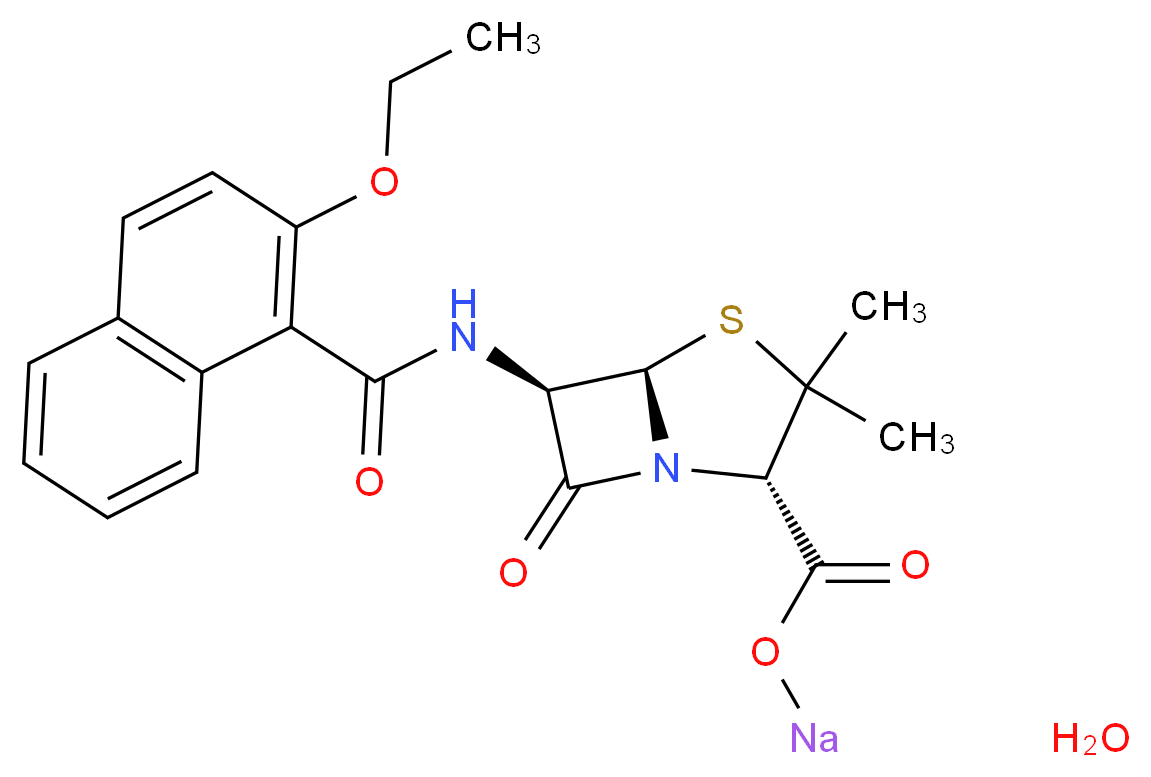 sodium (2S,5R,6R)-6-(2-ethoxynaphthalene-1-amido)-3,3-dimethyl-7-oxo-4-thia-1-azabicyclo[3.2.0]heptane-2-carboxylate hydrate_分子结构_CAS_7177-50-6