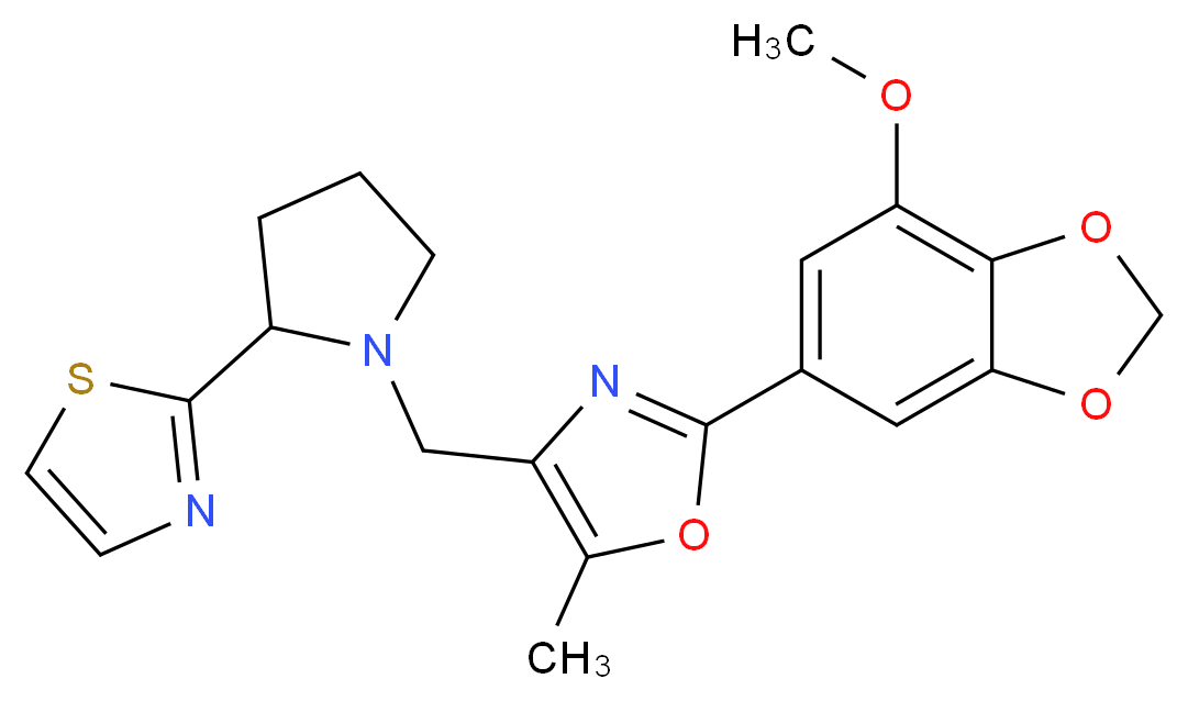 2-(7-methoxy-1,3-benzodioxol-5-yl)-5-methyl-4-{[2-(1,3-thiazol-2-yl)-1-pyrrolidinyl]methyl}-1,3-oxazole_分子结构_CAS_)