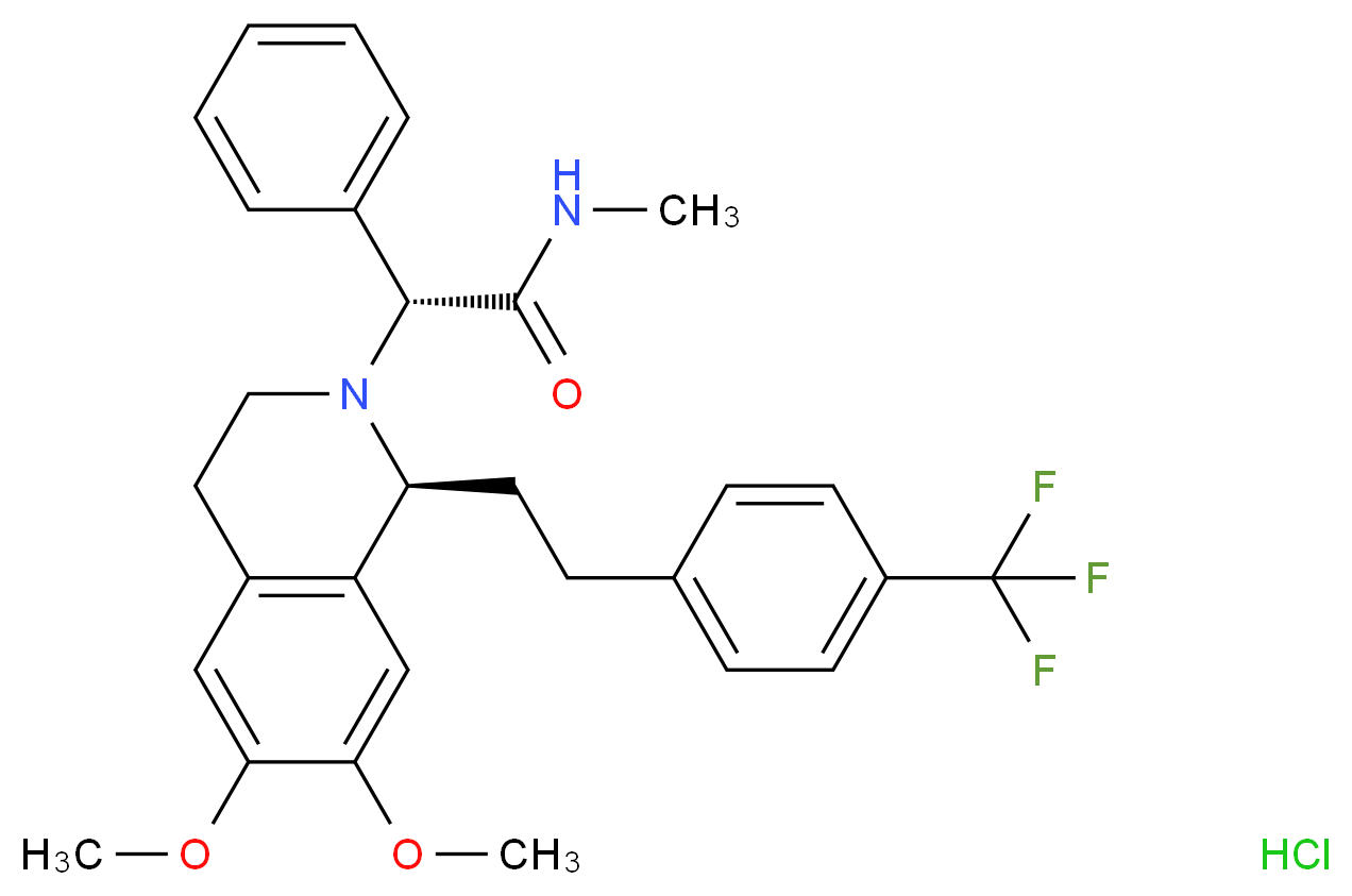 (2R)-2-[(1S)-6,7-dimethoxy-1-{2-[4-(trifluoromethyl)phenyl]ethyl}-1,2,3,4-tetrahydroisoquinolin-2-yl]-N-methyl-2-phenylacetamide hydrochloride_分子结构_CAS_913358-93-7