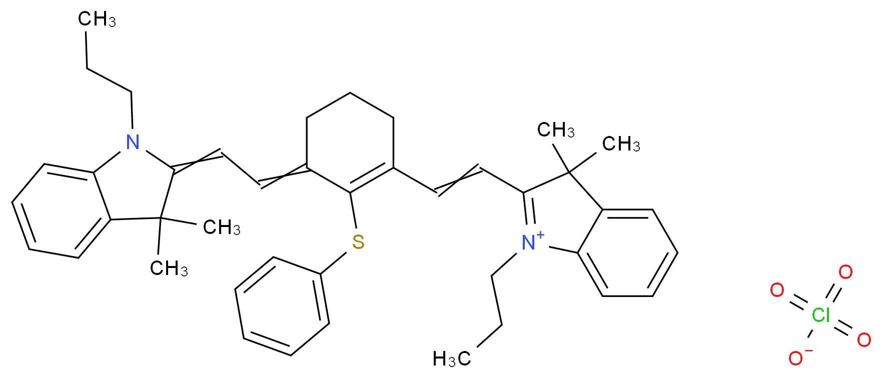 2-(2-{3-[2-(3,3-dimethyl-1-propyl-2,3-dihydro-1H-indol-2-ylidene)ethylidene]-2-(phenylsulfanyl)cyclohex-1-en-1-yl}ethenyl)-3,3-dimethyl-1-propyl-3H-indol-1-ium perchlorate_分子结构_CAS_207399-10-8