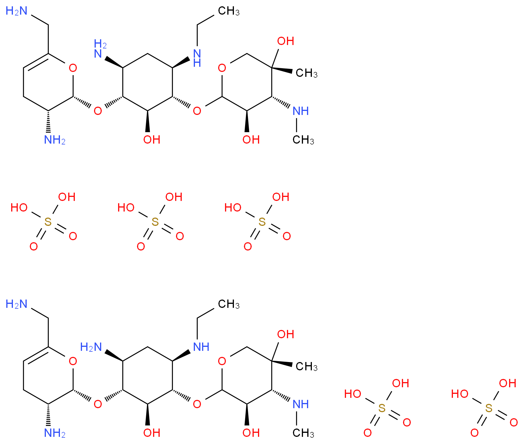 bis((3R,4R,5R)-2-{[(1S,2S,3R,4S,6R)-4-amino-3-{[(2S,3R)-3-amino-6-(aminomethyl)-3,4-dihydro-2H-pyran-2-yl]oxy}-6-(ethylamino)-2-hydroxycyclohexyl]oxy}-5-methyl-4-(methylamino)oxane-3,5-diol); pentakis(sulfuric acid)_分子结构_CAS_7664-93-9