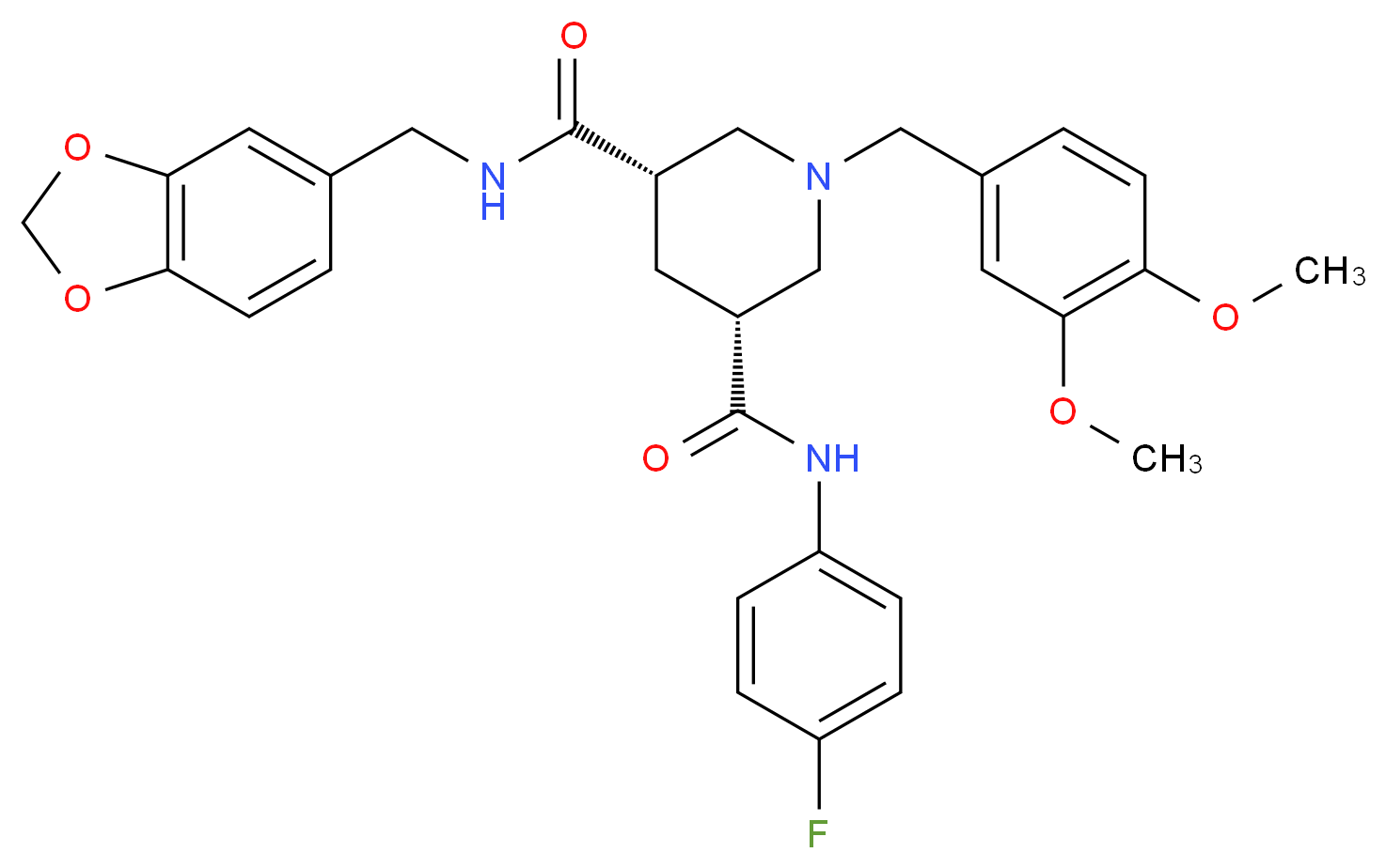 (3S,5R)-N-(1,3-benzodioxol-5-ylmethyl)-1-(3,4-dimethoxybenzyl)-N'-(4-fluorophenyl)-3,5-piperidinedicarboxamide_分子结构_CAS_)