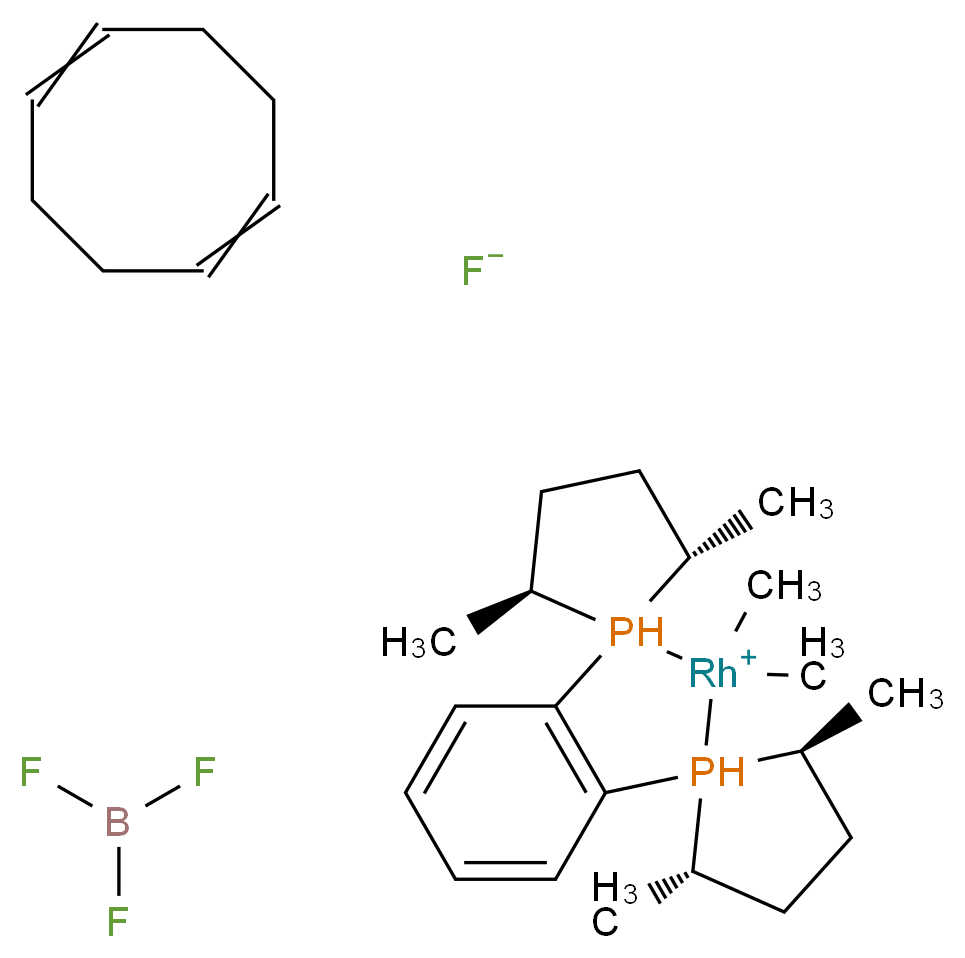 (2S,2''S,5S,5''S)-2,2',2',2'',5,5''-hexamethyl-2'H-1λ<sup>5</sup>,1'λ<sup>5</sup>-dispiro[phospholane-1,3'-benzo[d]1λ<sup>5</sup>,3λ<sup>5</sup>-diphospha-2-rhodacyclopentane-1',1''-phospholan]-2'-ylium cycloocta-1,5-diene trifluoroborane fluoride_分子结构_CAS_205064-10-4