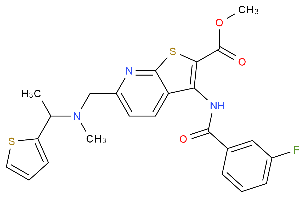 methyl 3-[(3-fluorobenzoyl)amino]-6-({methyl[1-(2-thienyl)ethyl]amino}methyl)thieno[2,3-b]pyridine-2-carboxylate_分子结构_CAS_)