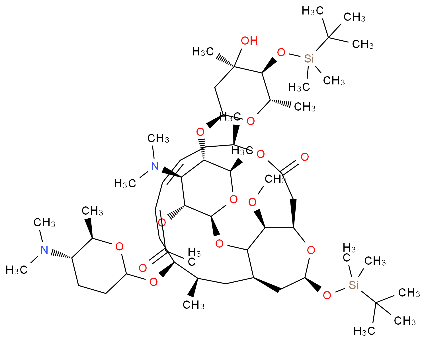 (2S,3R,4S,5S,6R)-2-{[(1R,5R,7E,9E,11R,12R,14R,16S,18S)-16-[(tert-butyldimethylsilyl)oxy]-11-{[(5S,6R)-5-(dimethylamino)-6-methyloxan-2-yl]oxy}-18-methoxy-5,12-dimethyl-3-oxo-4,17-dioxabicyclo[12.3.2]nonadeca-7,9-dien-19-yl]oxy}-5-{[(2S,4R,5S,6S)-5-[(tert-butyldimethylsilyl)oxy]-4-hydroxy-4,6-dimethyloxan-2-yl]oxy}-4-(dimethylamino)-6-methyloxan-3-yl acetate_分子结构_CAS_96405-32-2