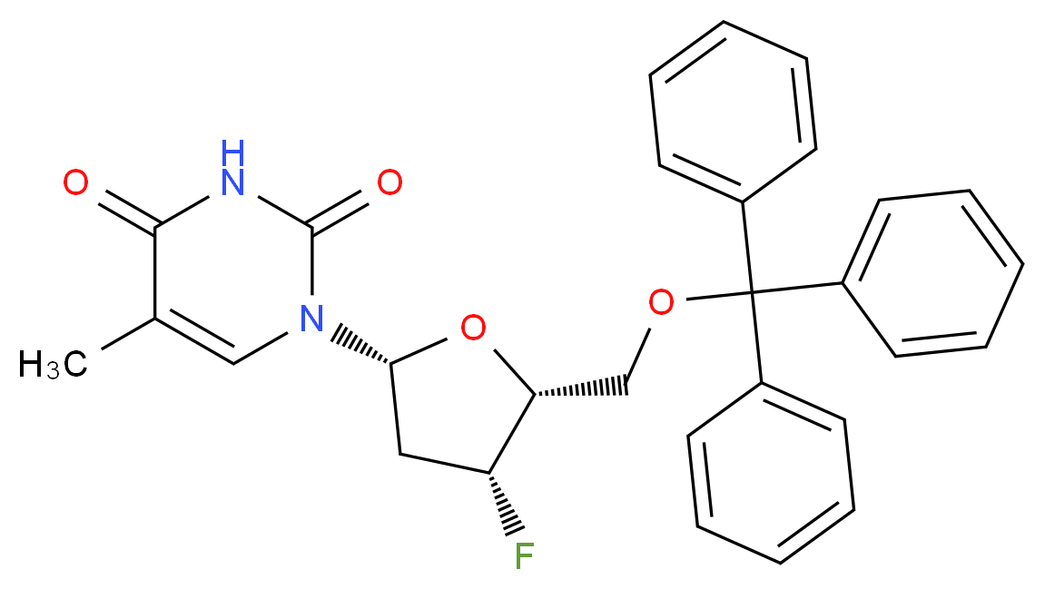 1-[(2R,4R,5R)-4-fluoro-5-[(triphenylmethoxy)methyl]oxolan-2-yl]-5-methyl-1,2,3,4-tetrahydropyrimidine-2,4-dione_分子结构_CAS_135197-63-6