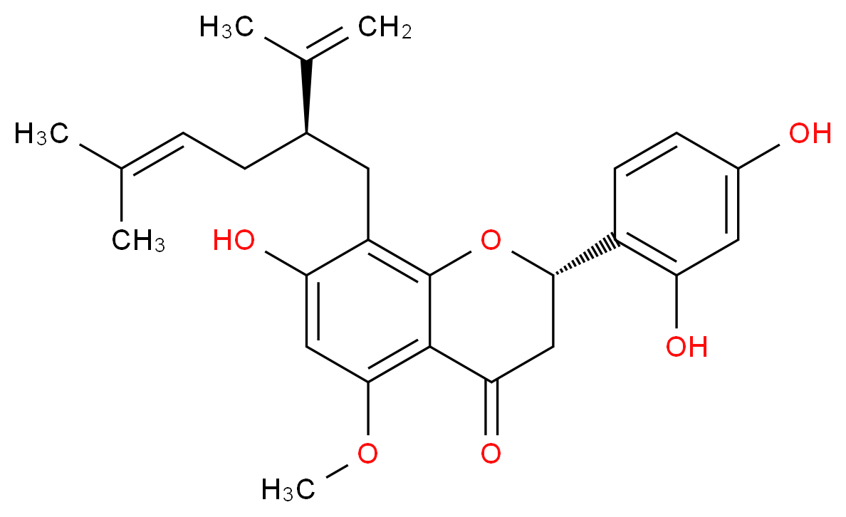 (2S)-2-(2,4-dihydroxyphenyl)-7-hydroxy-5-methoxy-8-[(2R)-5-methyl-2-(prop-1-en-2-yl)hex-4-en-1-yl]-3,4-dihydro-2H-1-benzopyran-4-one_分子结构_CAS_34981-26-5