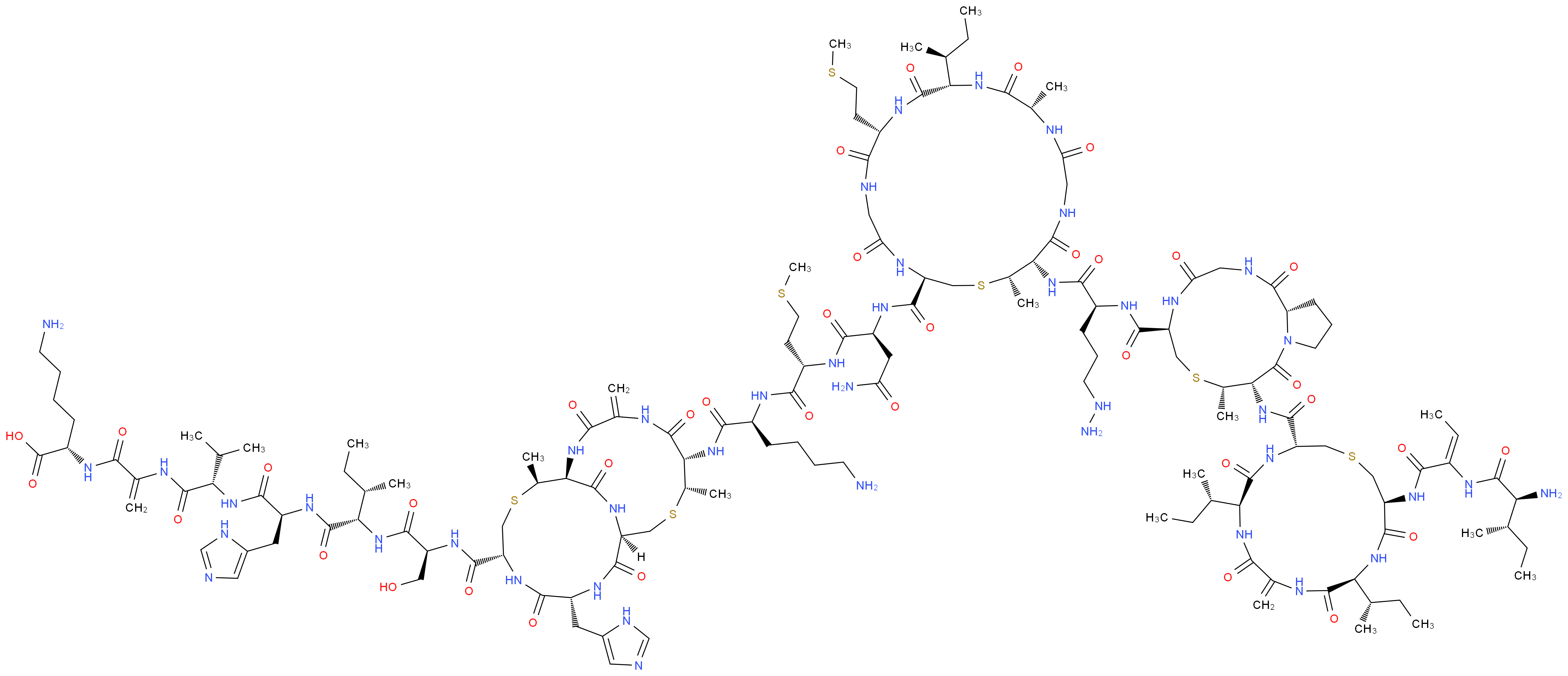 (2S)-2-{2-[(2S)-2-[(2S)-2-[(2S,3S)-2-[(2S)-2-{[(1S,7S,8S,11R,14R,17R,20S)-7-[(2S)-2-[(2S)-2-[(2S)-2-{[(3R,9S,12S,15S,21S,22S)-21-[(2S)-2-{[(6R,9S,10S,15aS)-10-[(3R,6S,12S,15S)-15-[(2E)-2-[(2S,3S)-2-amino-3-methylpentanamido]but-2-enamido]-6,12-bis[(2S)-butan-2-yl]-9-methylidene-5,8,11,14-tetraoxo-1-thia-4,7,10,13-tetraazacyclohexadecane-3-amido]-9-methyl-1,4,11-trioxo-tetradecahydropyrrolo[2,1-i]1-thia-4,7,10-triazacyclotridecan-6-yl]formamido}-5-hydrazinylpentanamido]-12-[(2S)-butan-2-yl]-15,22-dimethyl-9-[2-(methylsulfanyl)ethyl]-5,8,11,14,17,20-hexaoxo-1-thia-4,7,10,13,16,19-hexaazacyclodocosan-3-yl]formamido}-3-carbamoylpropanamido]-4-(methylsulfanyl)butanamido]-6-aminohexanamido]-14-(1H-imidazol-5-ylmethyl)-8,20-dimethyl-4-methylidene-3,6,12,15,21-pentaoxo-9,19-dithia-2,5,13,16,22-pentaazabicyclo[9.9.2]docosan-17-yl]formamido}-3-hydroxypropanamido]-3-methylpentanamido]-3-(1H-imidazol-5-yl)propanamido]-3-methylbutanamido]prop-2-enamido}-6-aminohexanoic acid_分子结构_CAS_1414-45-5