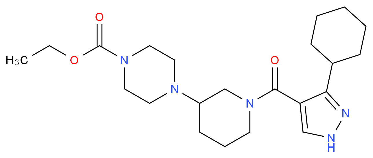 ethyl 4-{1-[(3-cyclohexyl-1H-pyrazol-4-yl)carbonyl]-3-piperidinyl}-1-piperazinecarboxylate_分子结构_CAS_)
