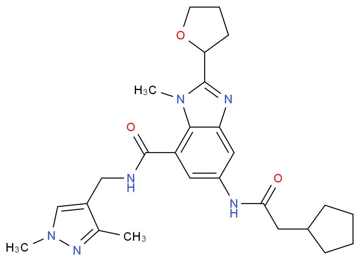 5-[(cyclopentylacetyl)amino]-N-[(1,3-dimethyl-1H-pyrazol-4-yl)methyl]-1-methyl-2-(tetrahydro-2-furanyl)-1H-benzimidazole-7-carboxamide_分子结构_CAS_)