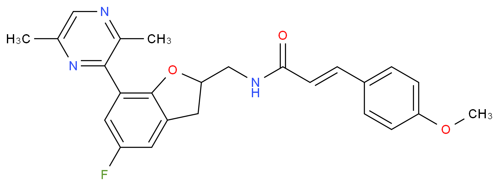 (2E)-N-{[7-(3,6-dimethyl-2-pyrazinyl)-5-fluoro-2,3-dihydro-1-benzofuran-2-yl]methyl}-3-(4-methoxyphenyl)acrylamide_分子结构_CAS_)