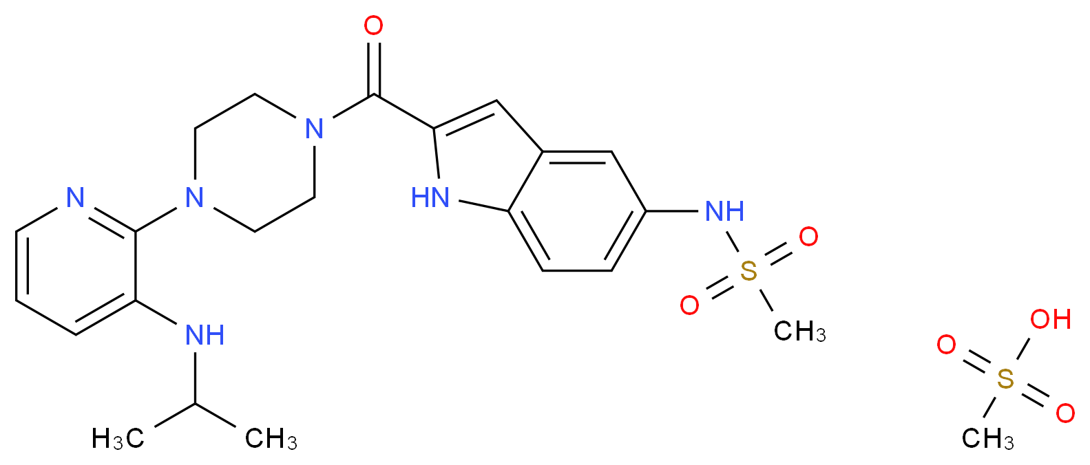 N-[2-(4-{3-[(propan-2-yl)amino]pyridin-2-yl}piperazine-1-carbonyl)-1H-indol-5-yl]methanesulfonamide; methanesulfonic acid_分子结构_CAS_147221-93-0