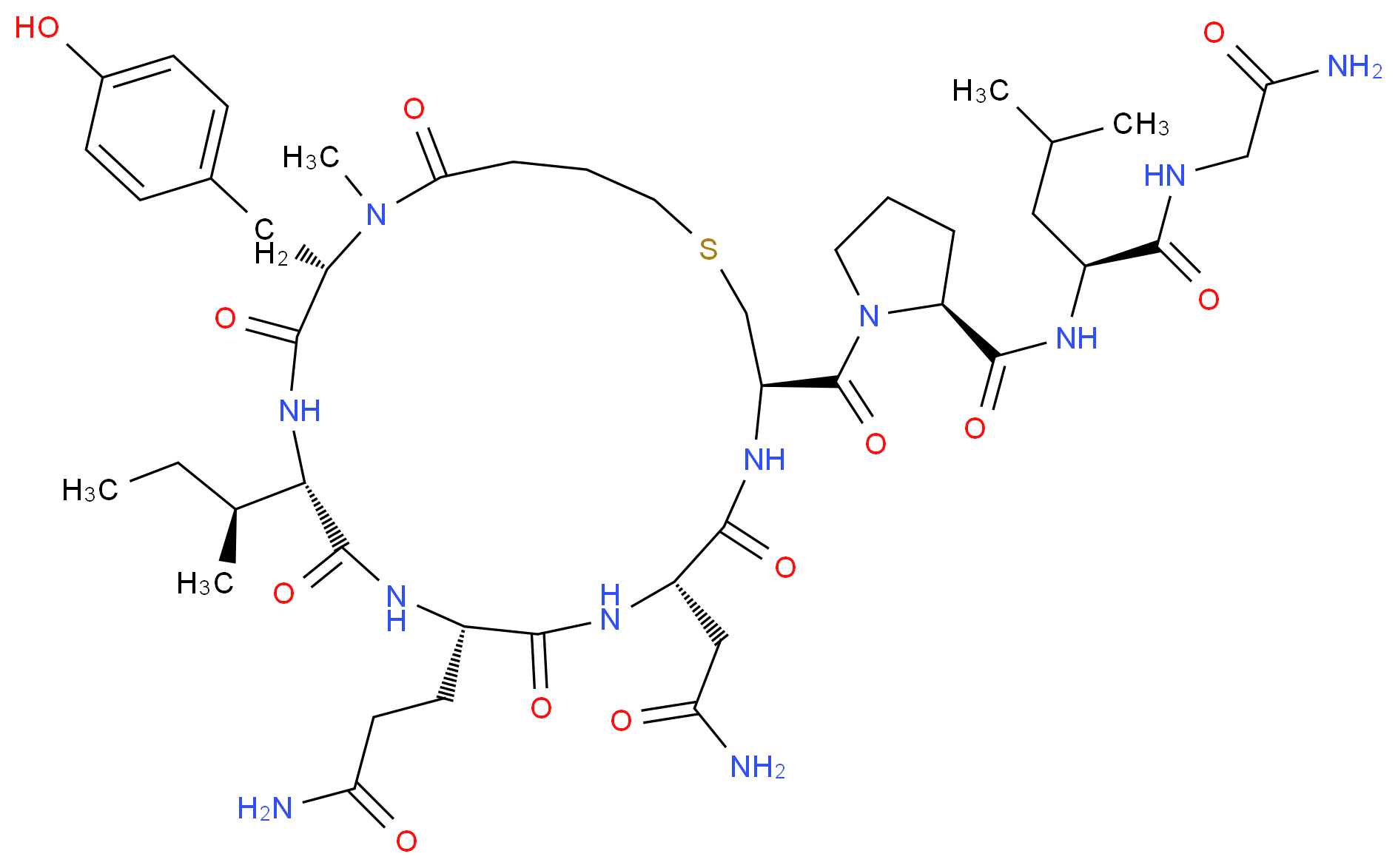 (2S)-2-{[(2S)-1-[(3R,6S,9S,12S,15S)-12-[(2S)-butan-2-yl]-9-(2-carbamoylethyl)-6-(carbamoylmethyl)-15-[(4-hydroxyphenyl)methyl]-16-methyl-5,8,11,14,17-pentaoxo-1-thia-4,7,10,13,16-pentaazacycloicosane-3-carbonyl]pyrrolidin-2-yl]formamido}-N-(carbamoylmethyl)-4-methylpentanamide_分子结构_CAS_37025-55-1