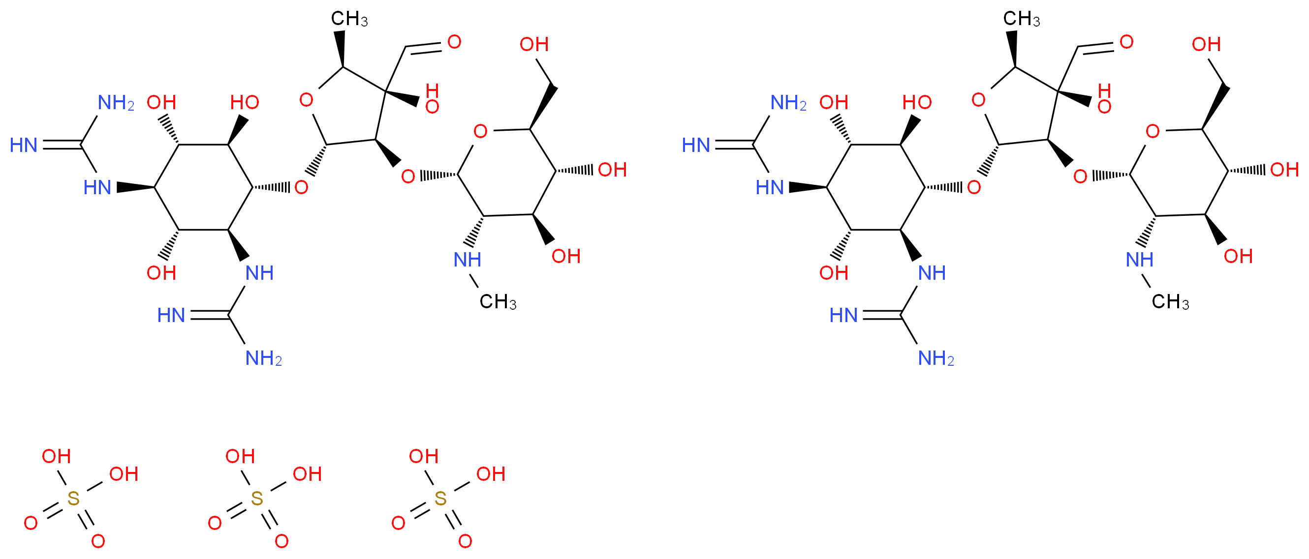 bis(1-[(1S,2R,3R,4S,5R,6R)-3-carbamimidamido-6-{[(2R,3R,4R,5S)-3-{[(2S,3S,4S,5R,6S)-4,5-dihydroxy-6-(hydroxymethyl)-3-(methylamino)oxan-2-yl]oxy}-4-formyl-4-hydroxy-5-methyloxolan-2-yl]oxy}-2,4,5-trihydroxycyclohexyl]guanidine); tris(sulfuric acid)_分子结构_CAS_3810-74-0