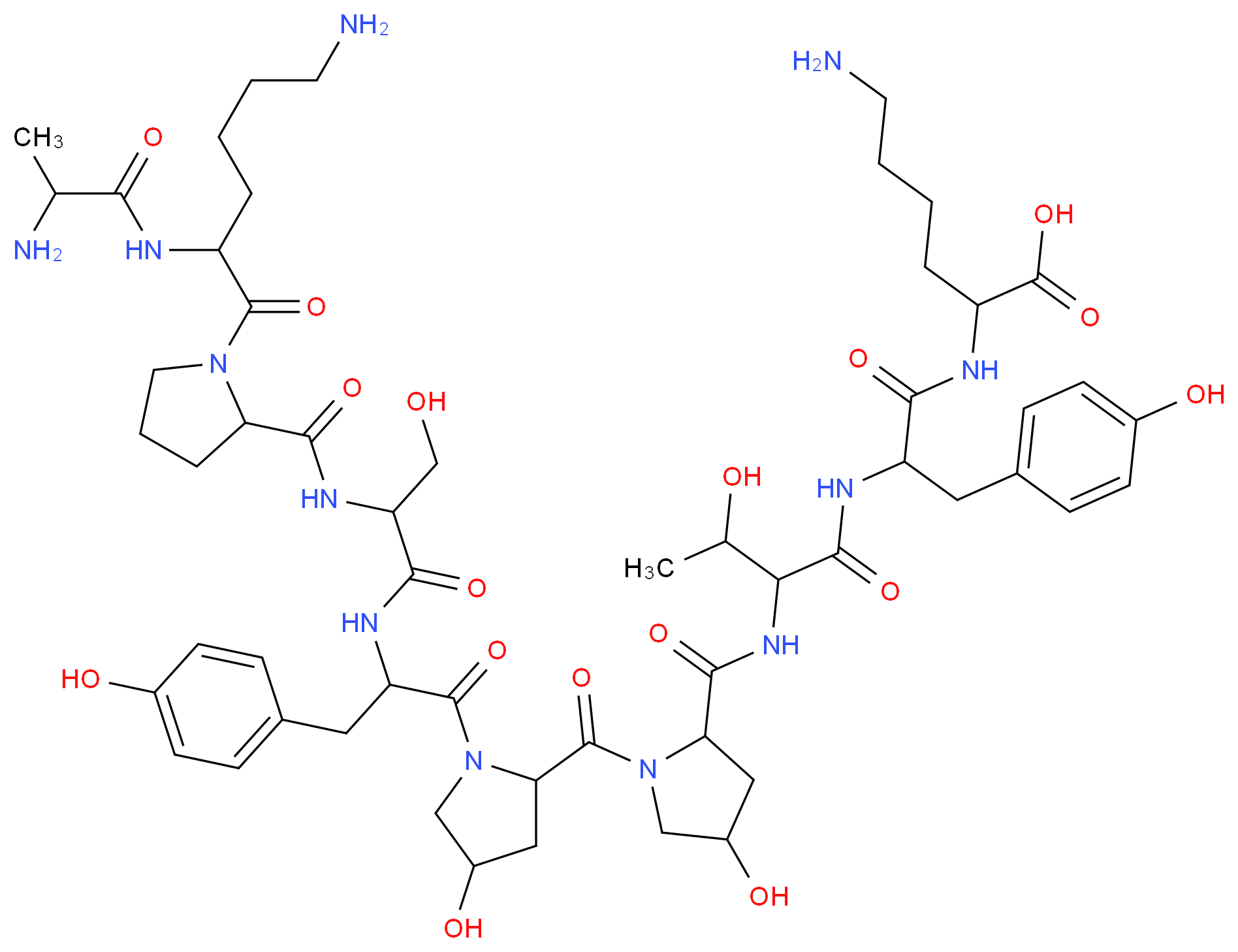 6-amino-2-[2-(2-{[1-(1-{2-[2-({1-[6-amino-2-(2-aminopropanamido)hexanoyl]pyrrolidin-2-yl}formamido)-3-hydroxypropanamido]-3-(4-hydroxyphenyl)propanoyl}-4-hydroxypyrrolidine-2-carbonyl)-4-hydroxypyrrolidin-2-yl]formamido}-3-hydroxybutanamido)-3-(4-hydroxyphenyl)propanamido]hexanoic acid_分子结构_CAS_119106-85-3