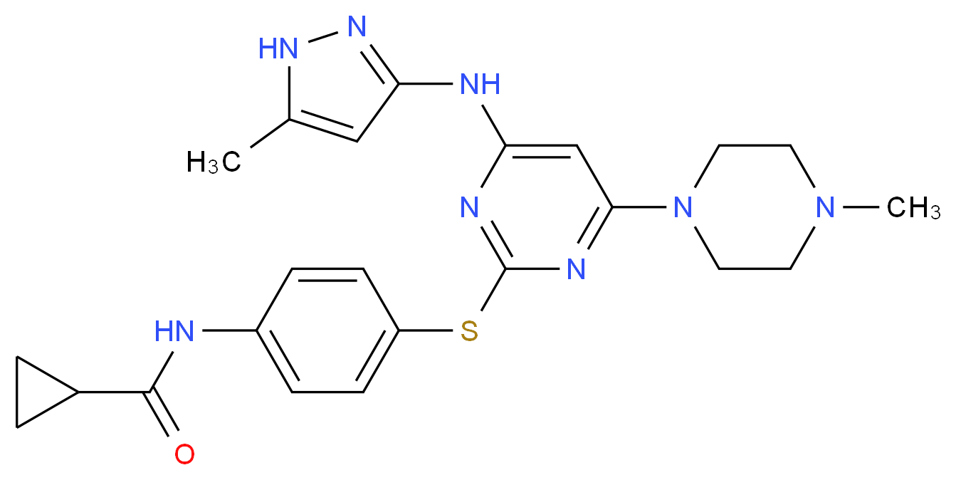 N-[4-({4-[(5-methyl-1H-pyrazol-3-yl)amino]-6-(4-methylpiperazin-1-yl)pyrimidin-2-yl}sulfanyl)phenyl]cyclopropanecarboxamide_分子结构_CAS_639089-54-6