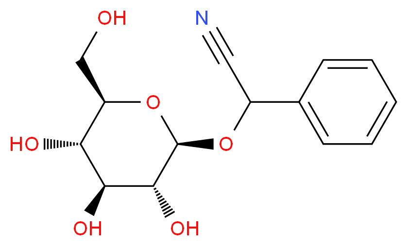 2-phenyl-2-{[(2R,3R,4S,5S,6R)-3,4,5-trihydroxy-6-(hydroxymethyl)oxan-2-yl]oxy}acetonitrile_分子结构_CAS_99-18-3