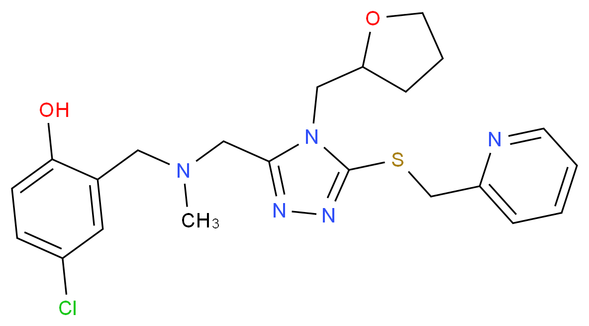 4-chloro-2-[(methyl{[5-[(2-pyridinylmethyl)thio]-4-(tetrahydro-2-furanylmethyl)-4H-1,2,4-triazol-3-yl]methyl}amino)methyl]phenol_分子结构_CAS_)