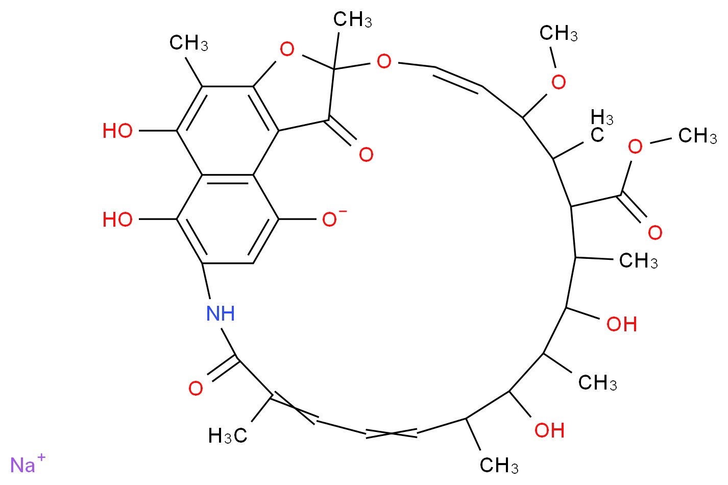 sodium 2,15,17,29-tetrahydroxy-11-methoxy-13-(methoxycarbonyl)-3,7,12,14,16,18,22-heptamethyl-6,23-dioxo-8,30-dioxa-24-azatetracyclo[23.3.1.1^{4,7}.0^{5,28}]triaconta-1,3,5(28),9,19,21,25(29),26-octaen-27-olate_分子结构_CAS_14897-39-3