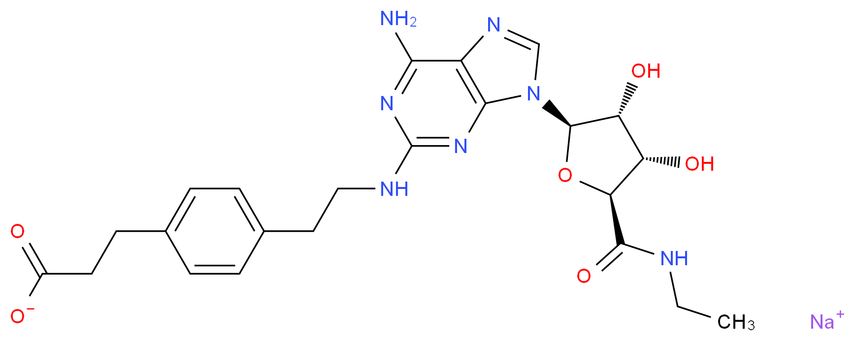 sodium 3-{4-[2-({6-amino-9-[(2R,3R,4S,5S)-5-(ethylcarbamoyl)-3,4-dihydroxyoxolan-2-yl]-9H-purin-2-yl}amino)ethyl]phenyl}propanoate_分子结构_CAS_120225-64-1