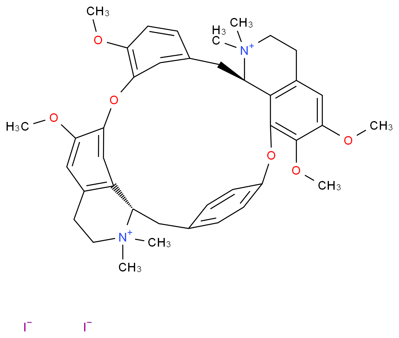 (1S,16R)-9,10,21,25-tetramethoxy-15,15,30,30-tetramethyl-7,23-dioxa-15,30-diazaheptacyclo[22.6.2.2^{3,6}.1^{8,12}.1^{18,22}.0^{27,31}.0^{16,34}]hexatriaconta-3,5,8,10,12(34),18(33),19,21,24(32),25,27(31),35-dodecaene-15,30-diium diiodide_分子结构_CAS_7601-55-0