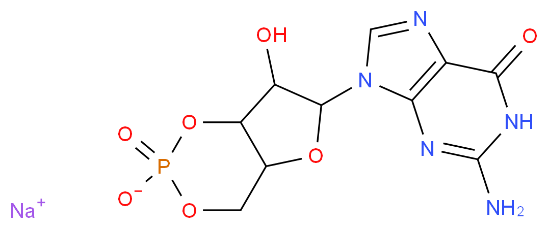 sodium 6-(2-amino-6-oxo-6,9-dihydro-1H-purin-9-yl)-7-hydroxy-2-oxo-hexahydro-1,3,5,2$l^{5}-furo[3,2-d][1,3,2$l^{5}]dioxaphosphinin-2-olate_分子结构_CAS_40732-48-7