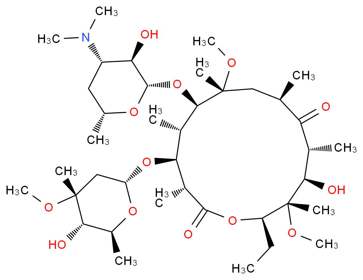 (3R,4S,5S,6R,7R,9R,11R,12R,13S,14R)-6-{[(2S,3R,4S,6R)-4-(dimethylamino)-3-hydroxy-6-methyloxan-2-yl]oxy}-14-ethyl-12-hydroxy-4-{[(2R,4R,5S,6S)-5-hydroxy-4-methoxy-4,6-dimethyloxan-2-yl]oxy}-7,13-dimethoxy-3,5,7,9,11,13-hexamethyl-1-oxacyclotetradecane-2,10-dione_分子结构_CAS_128940-83-0