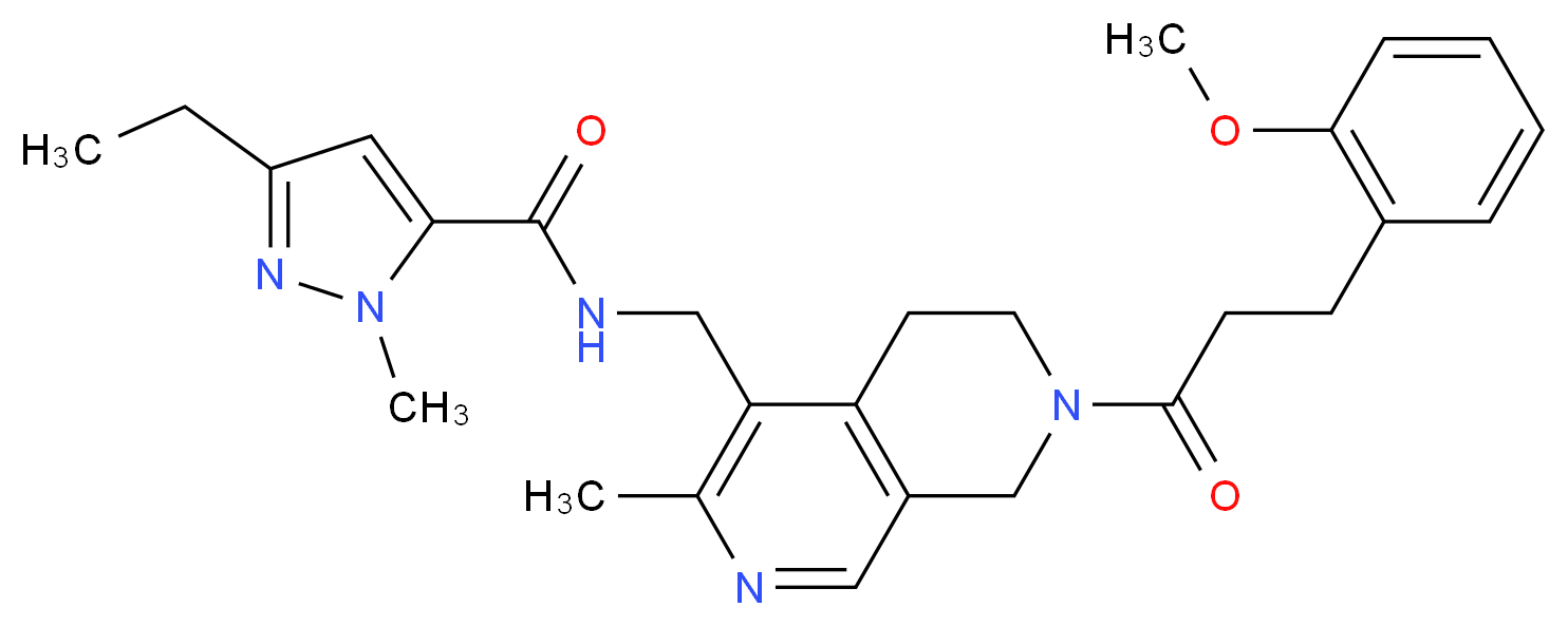 3-ethyl-N-({7-[3-(2-methoxyphenyl)propanoyl]-3-methyl-5,6,7,8-tetrahydro-2,7-naphthyridin-4-yl}methyl)-1-methyl-1H-pyrazole-5-carboxamide_分子结构_CAS_)