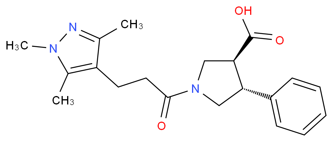 (3S*,4R*)-4-phenyl-1-[3-(1,3,5-trimethyl-1H-pyrazol-4-yl)propanoyl]pyrrolidine-3-carboxylic acid_分子结构_CAS_)
