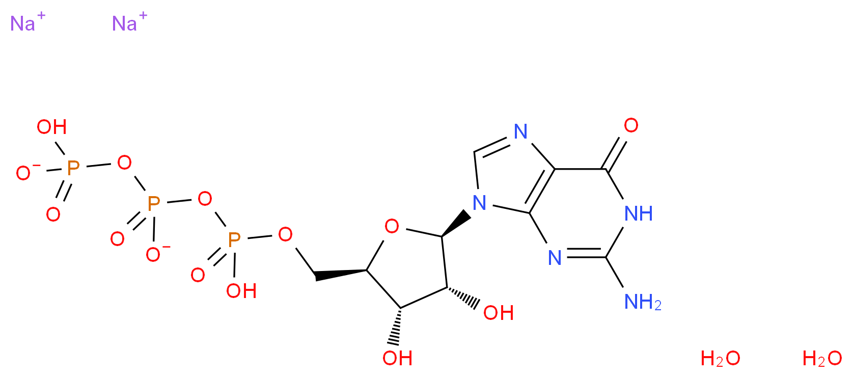 disodium dihydrate {[(2R,3S,4R,5R)-5-(2-amino-6-oxo-6,9-dihydro-1H-purin-9-yl)-3,4-dihydroxyoxolan-2-yl]methoxy}(hydroxy)phosphoryl (hydrogen phosphonatooxy)phosphonate_分子结构_CAS_36051-31-7