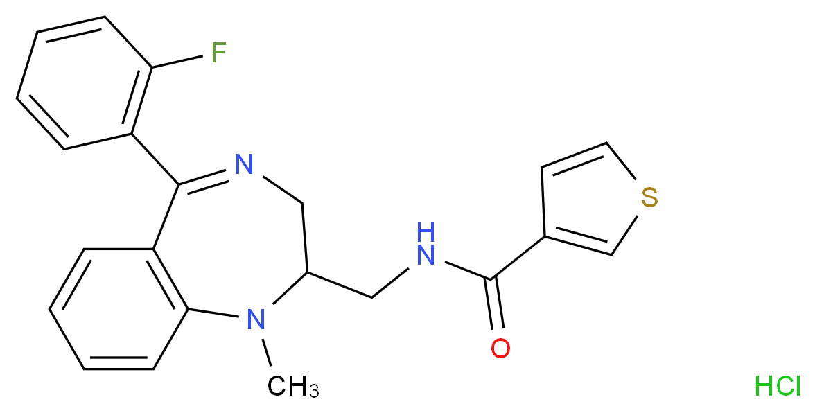 N-{[5-(2-fluorophenyl)-1-methyl-2,3-dihydro-1H-1,4-benzodiazepin-2-yl]methyl}thiophene-3-carboxamide hydrochloride_分子结构_CAS_96337-50-7