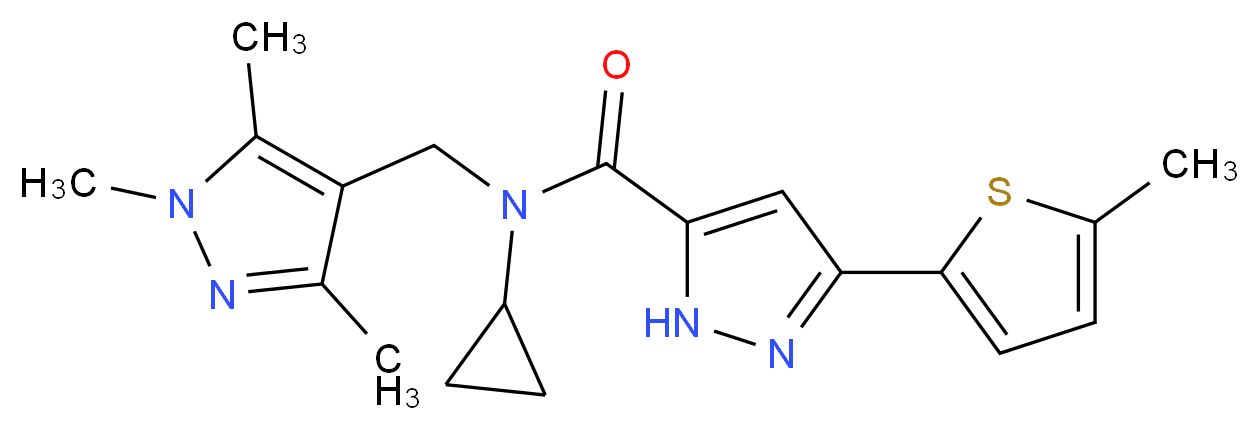 N-cyclopropyl-3-(5-methyl-2-thienyl)-N-[(1,3,5-trimethyl-1H-pyrazol-4-yl)methyl]-1H-pyrazole-5-carboxamide_分子结构_CAS_)
