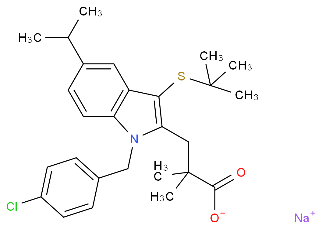 sodium 3-[3-(tert-butylsulfanyl)-1-[(4-chlorophenyl)methyl]-5-(propan-2-yl)-1H-indol-2-yl]-2,2-dimethylpropanoate_分子结构_CAS_118427-55-7