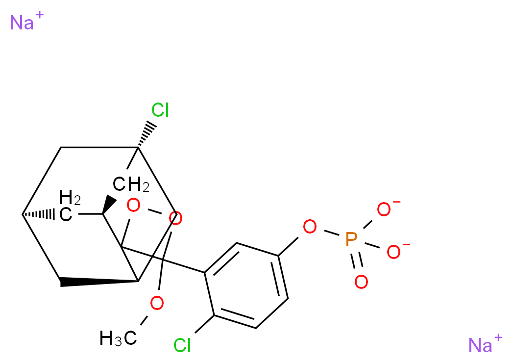 disodium 4-chloro-3-[(1R,3S,5s,7s)-7-chloro-3'-methoxyspiro[adamantane-2,2'-[1,4]dioxetane]-3'-yl]phenyl phosphate_分子结构_CAS_160081-62-9