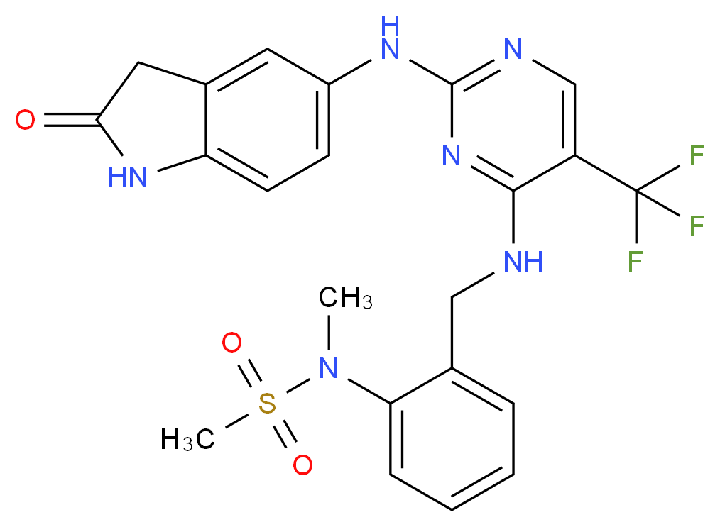 N-methyl-N-{2-[({2-[(2-oxo-2,3-dihydro-1H-indol-5-yl)amino]-5-(trifluoromethyl)pyrimidin-4-yl}amino)methyl]phenyl}methanesulfonamide_分子结构_CAS_717906-29-1