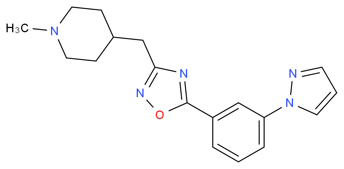 1-methyl-4-({5-[3-(1H-pyrazol-1-yl)phenyl]-1,2,4-oxadiazol-3-yl}methyl)piperidine_分子结构_CAS_)