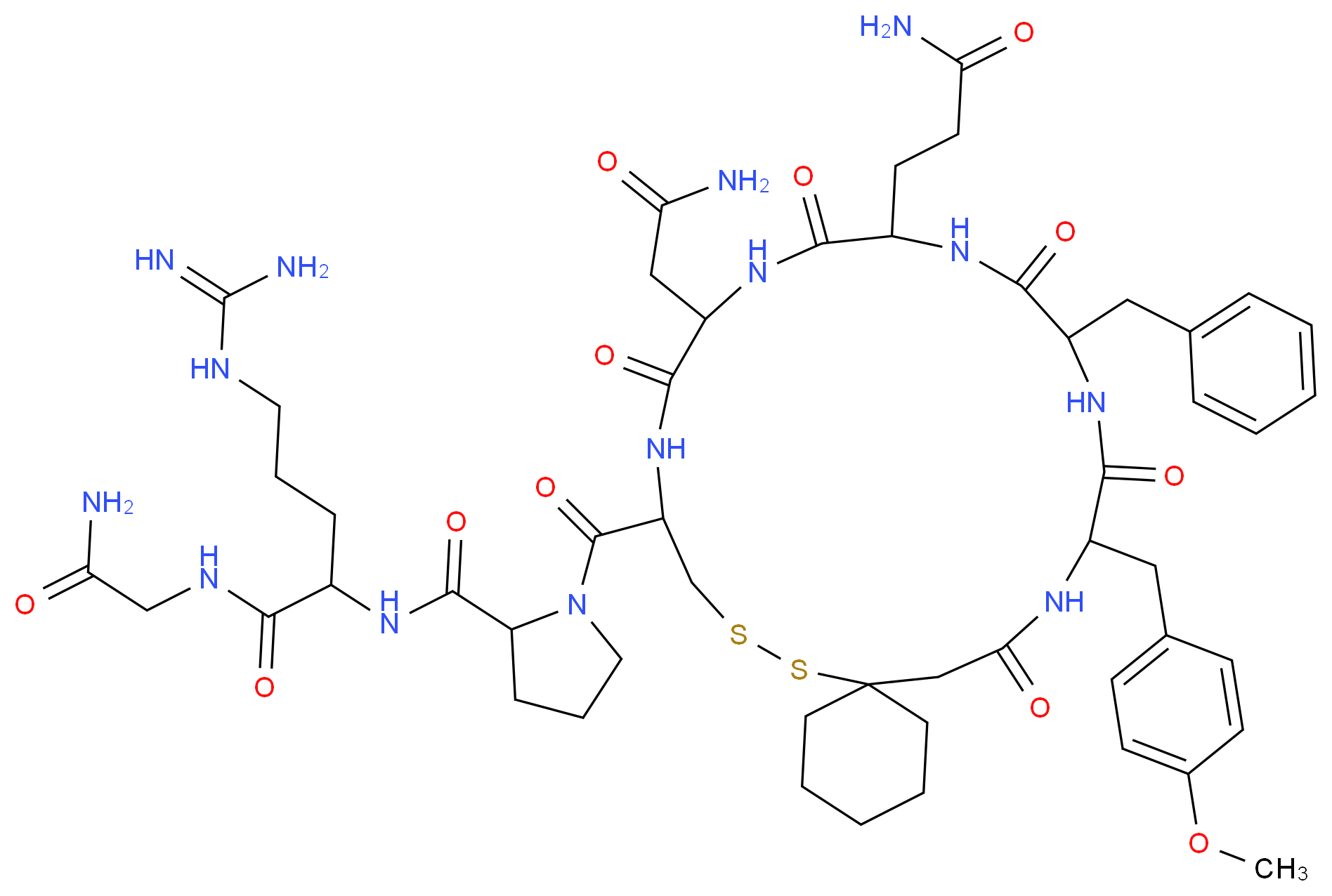 2-({1-[19-benzyl-16-(2-carbamoylethyl)-13-(carbamoylmethyl)-22-[(4-methoxyphenyl)methyl]-12,15,18,21,24-pentaoxo-7,8-dithia-11,14,17,20,23-pentaazaspiro[5.19]pentacosane-10-carbonyl]pyrrolidin-2-yl}formamido)-5-carbamimidamido-N-(carbamoylmethyl)pentanamide_分子结构_CAS_73168-24-8